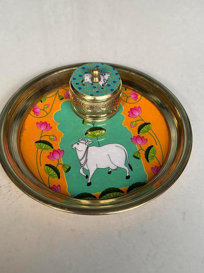 Brass Pichwai Kumkum Box with Plate / Traditional Haldi Kumkum Holder for Pooja, Festivals & Gifting .