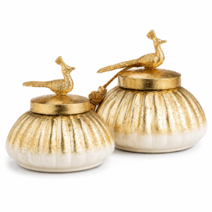 METAL GOLDEN JAR WITH PEACOCK KNOB