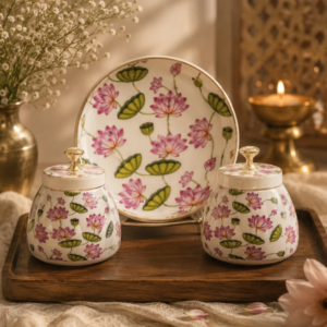 METAL FLORAL DESIGN TRAY WITH JAR SET